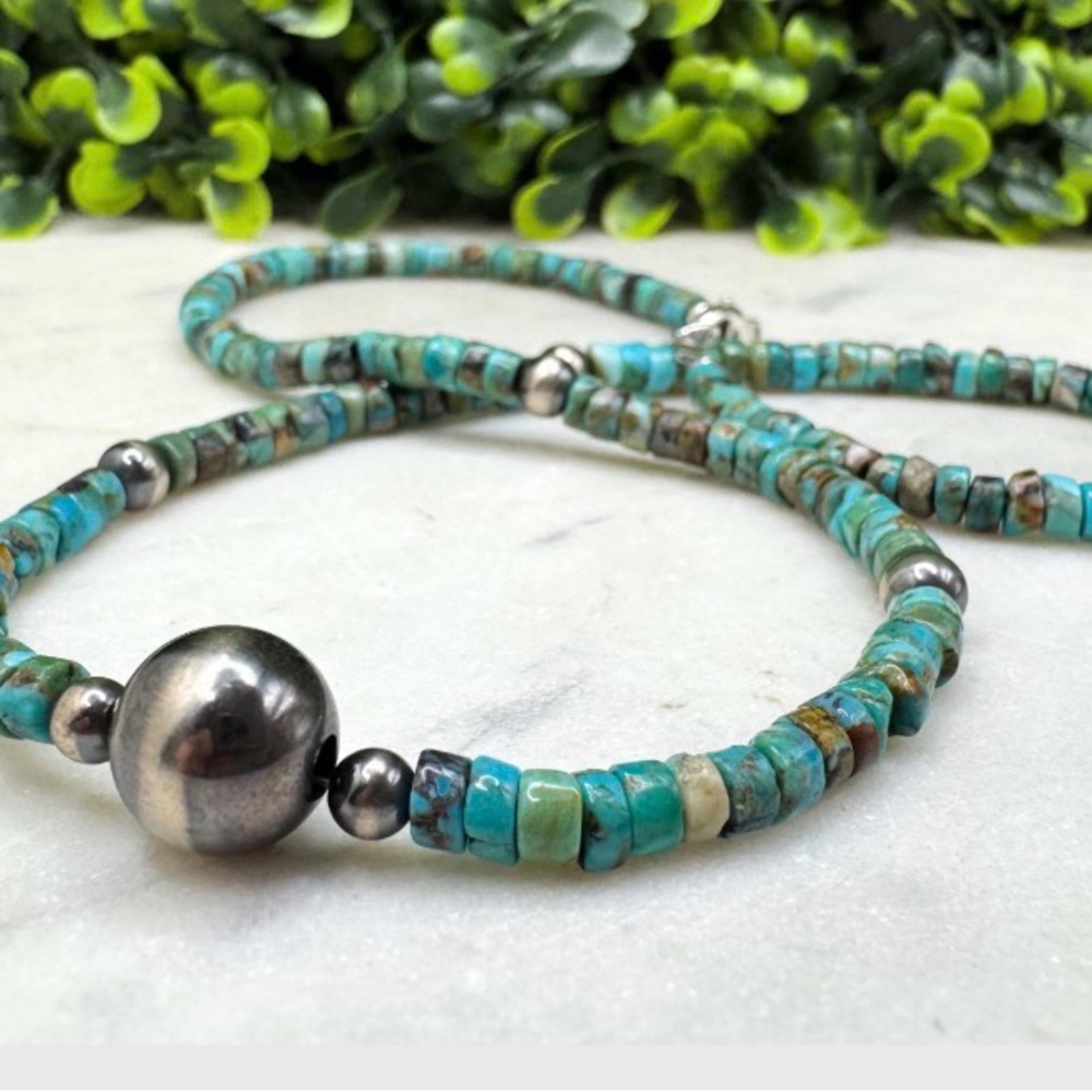 Native American Necklace, Sleeping Beauty Turquoise + Sterling Silver Pearls
